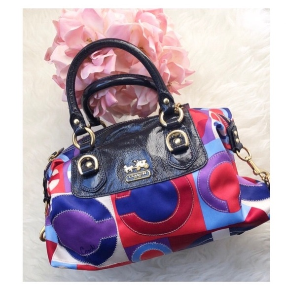 Coach Handbags - COACH • OP ART Madison Sabrina Bag, Gorgeous Red, Blue & Purple Leather & Silk